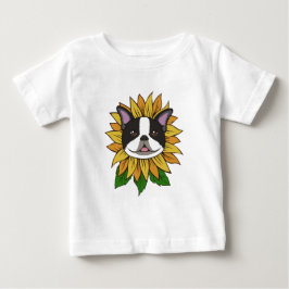Camiseta Para Bebê Cara de cachorro Boston Terrier fofa em girassol