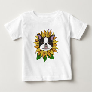 Camiseta Para Bebê Cara de cachorro Boston Terrier fofa em girassol