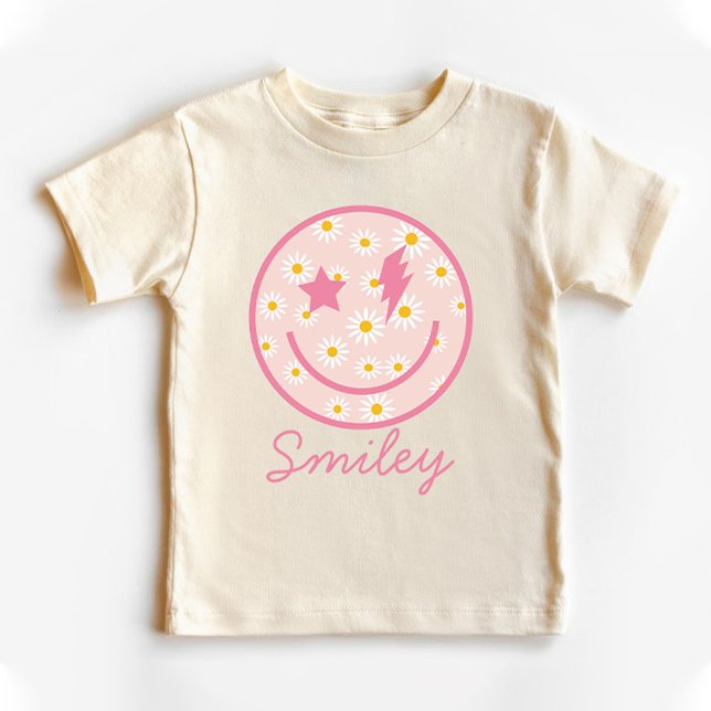Camiseta Para Bebê Cara Sorridente Amarela em Grafismo Rosa Pastel  (Daisy Smiley Face Graphic Pastel Pink Baby T-Shirt)