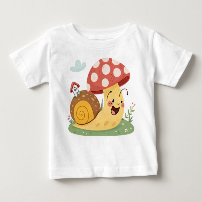 Camiseta Para Bebê Caracol Kawaii com Mushroom House (Frente)