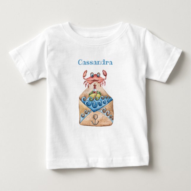 Camiseta Para Bebê Caranguejo-Cuta Envelope Náutico, Farol-Ondas (Frente)