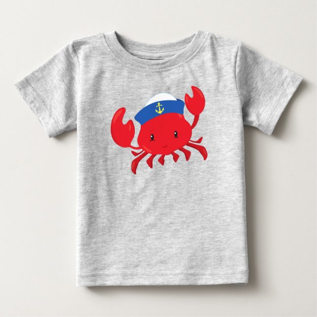 Camiseta Para Bebê Caranguejo-Marinheiro, Caranguejo-Cute, Chapéu-Mar (Frente)