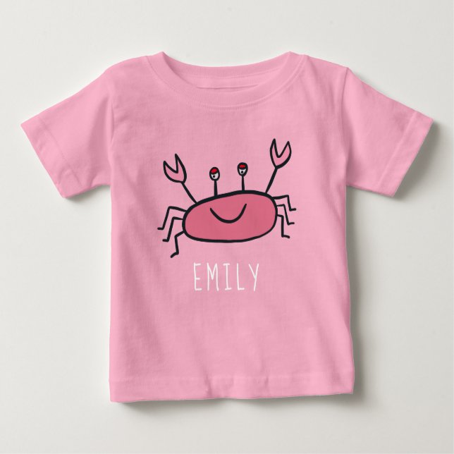 Camiseta Para Bebê Caranguejo-Rosa-Rosa-Cole Nome Menino (Frente)