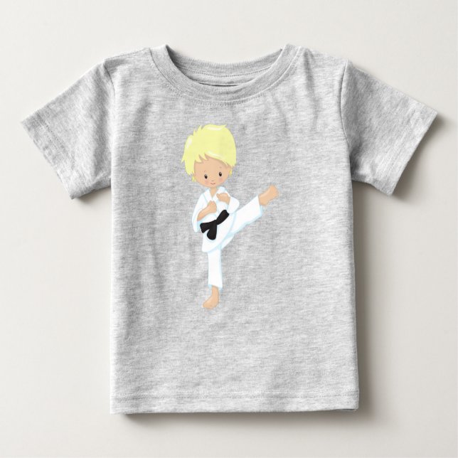 Camiseta Para Bebê Carateiro, Garoto Bonito, Cabelo Louro, Cinturão N (Frente)