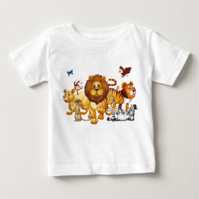 Camiseta Para Bebê Caricatura de Muitos Animais Selvagens (Frente)