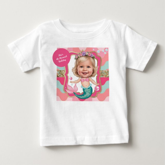 Camiseta Para Bebê Caricatura de Sereia Rosa e Turquesa para 4º Anive (Frente)