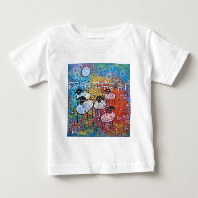 Camiseta Para Bebê Carneiros alegres nas flores (Frente)