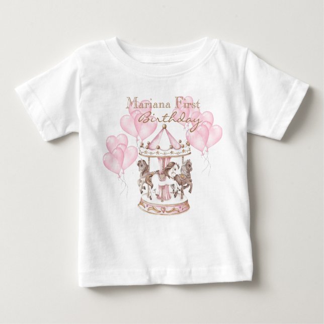 Camiseta Para Bebê Carousel Ballons Unicorn 1s Girly Festa de anivers (Frente)