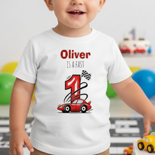 Camiseta Para Bebê Carro de Corrida Vermelho Rápido Primeiro Aniversá