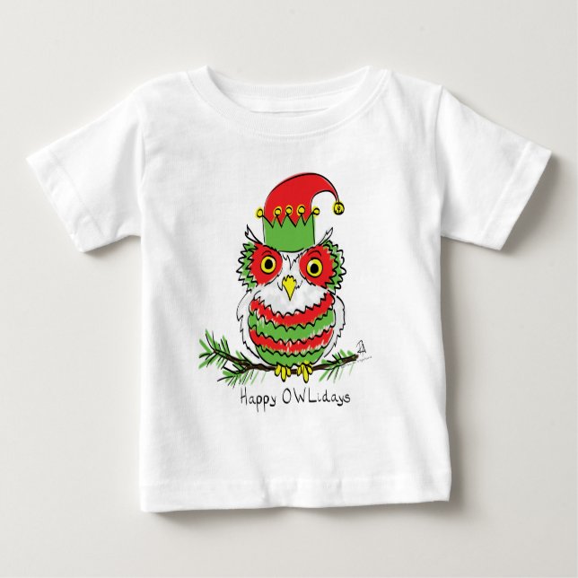 Camiseta Para Bebê Cartoon da Owl Christmas (Frente)