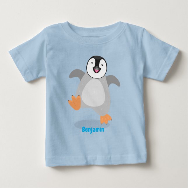 Camiseta Para Bebê Cartoon de pinguim-imperador filhote fofo e feliz (Frente)