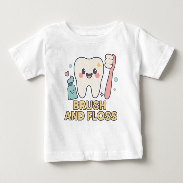Camiseta Para Bebê Cartoon dos dentes-cegos - Higiene dental do pince (Frente)