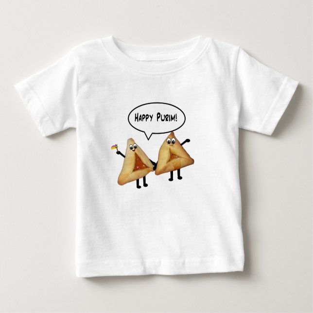 Camiseta Para Bebê Cartoon Feliz Purim Cute Smilhando Hamentaschen (Frente)