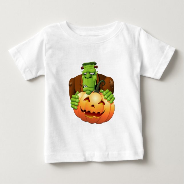 Camiseta Para Bebê Cartoon Frankenstein Monster com Pumpkin (Frente)