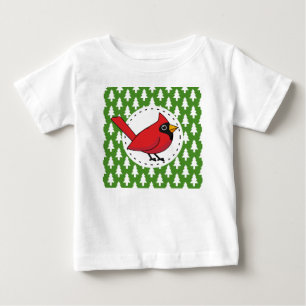 Camiseta Para Bebê Cartoon Red Cardinal sobre Pinheiros Brancos Verde