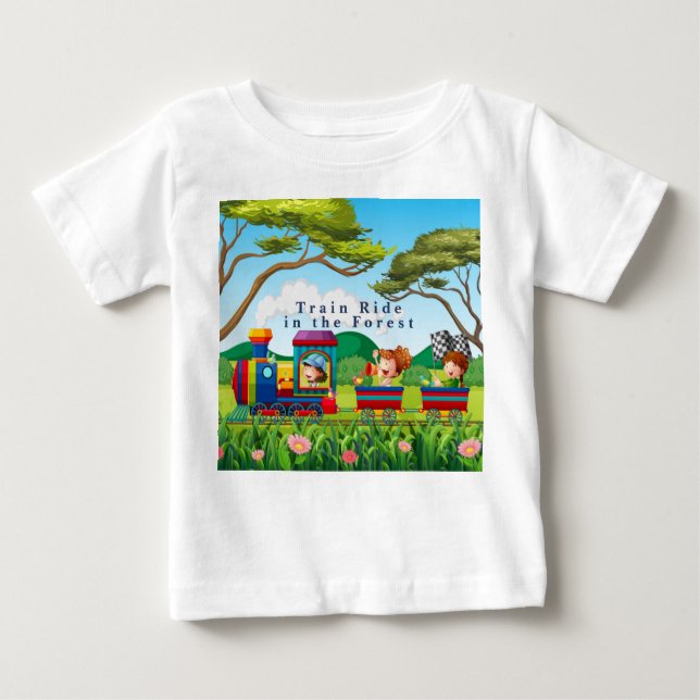 Camiseta Para Bebê Cartoon Style Ride in the Forest Green Blue (Frente)