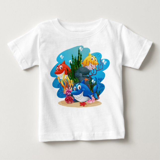 Camiseta Para Bebê Cartoon Submarino de Muitos Tubarões - 23986 (Frente)