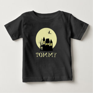 Camiseta Para Bebê Casa Assombrada Assustadora com Bruxa Voadora