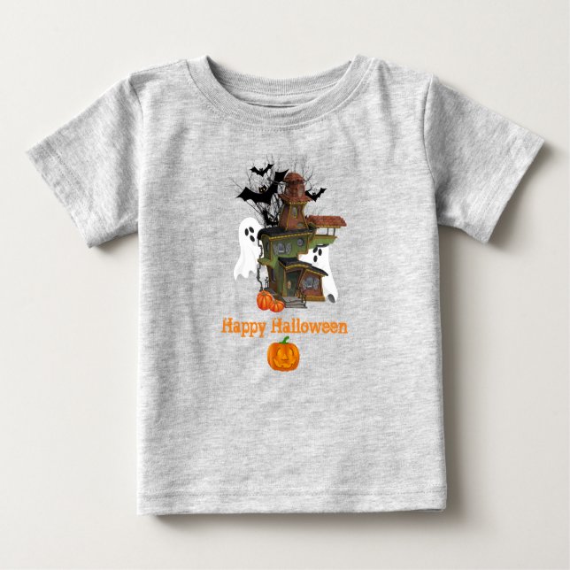 Camiseta Para Bebê Casa Assombrada de Halloween Fantasma e Abóboras B (Frente)