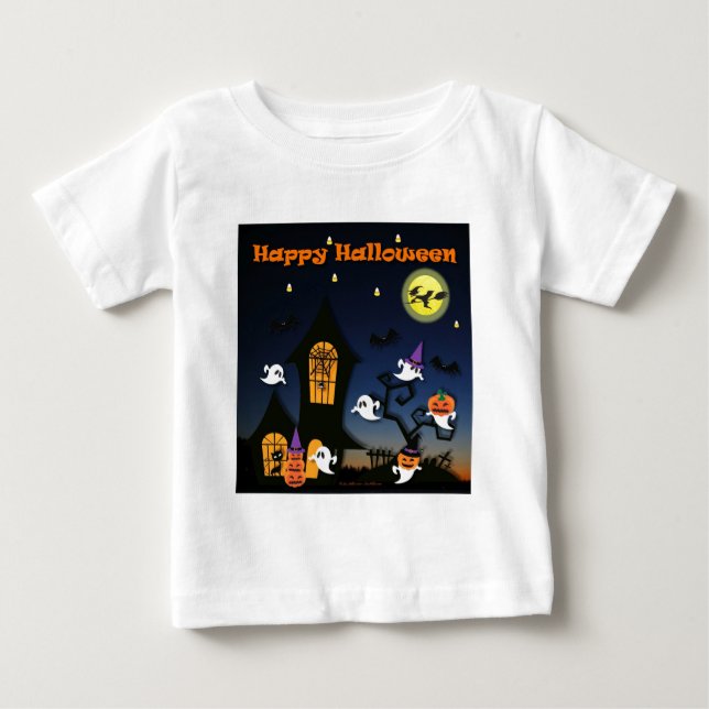 Camiseta Para Bebê Casa Assombrada Feliz Halloween (Frente)