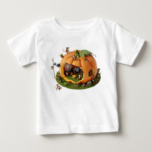 Camiseta Para Bebê Casa de Abóbora 3D Caprichosa com Macacos Miniatur (Frente)