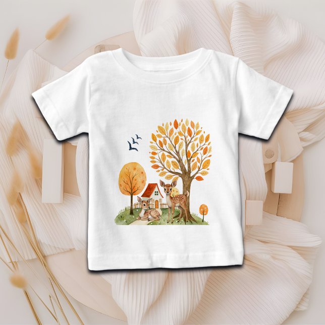 Camiseta Para Bebê Casa de Campo Florestal Encantadora com Veados (Criador carregado)
