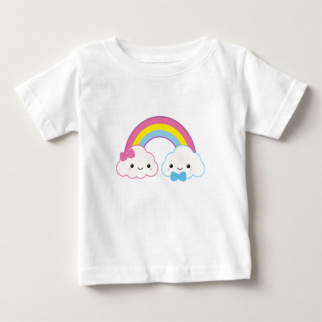 Camiseta Para Bebê Casal Kawaii nuvens com arco-íris (Frente)