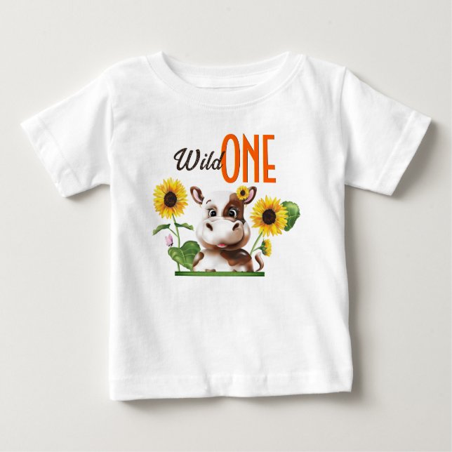 Camiseta Para Bebê Castanho Vaca Girassol Primeiro Aniversário (Frente)