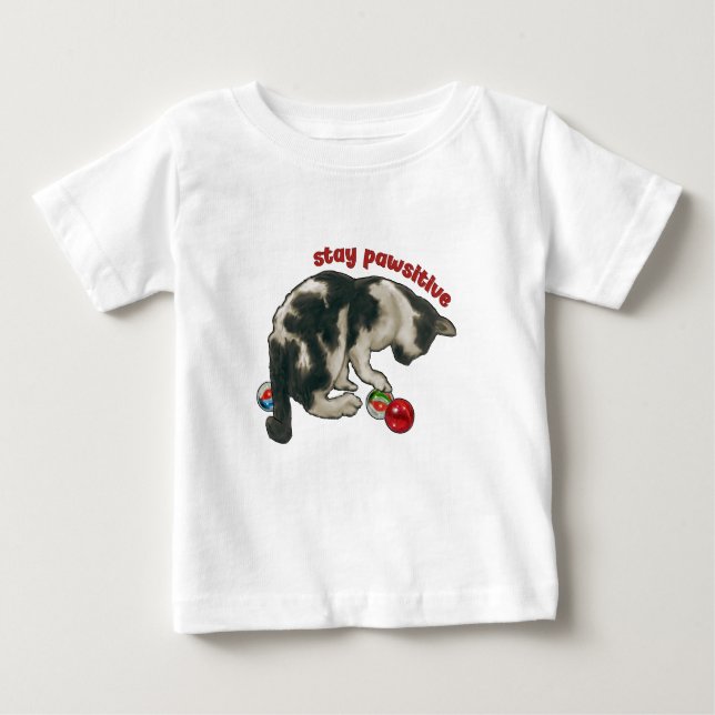 Camiseta Para Bebê Cat Playing with MARBLES, Stay Pawsitive, Pun (Frente)