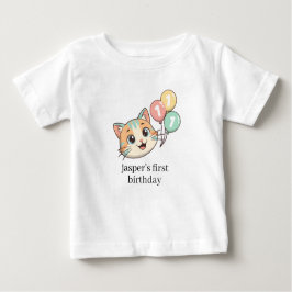 Camiseta Para Bebê Cat with 3 Blue Balloons 1st Birthday 