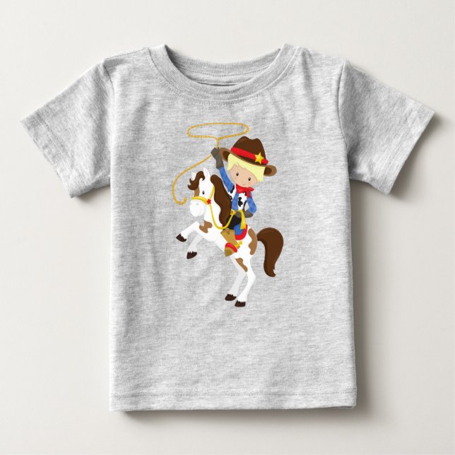 Camiseta Para Bebê Caubói, Xerife, Cavalo, Laço, Faroeste, Cabelo Loi (Frente)