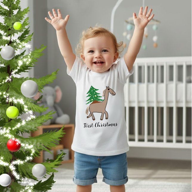 Camiseta Para Bebê Cavalo com árvore de Natal (Criador carregado)