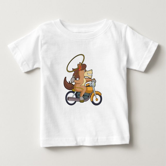 Camiseta Para Bebê Cavalo como Cowboy com Laço e Motocicleta (Frente)