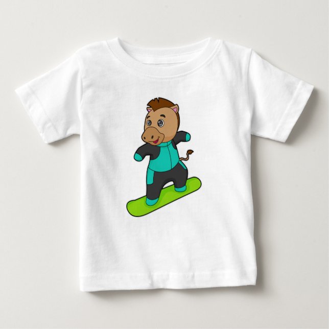 Camiseta Para Bebê Cavalo como Snowboarder com Snowboard (Frente)