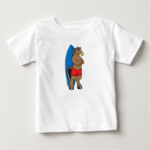 Camiseta Para Bebê Cavalo como Surfista com Prancha de Surfe