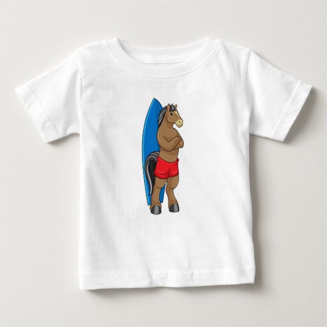 Camiseta Para Bebê Cavalo como Surfista com Prancha de Surfe (Frente)