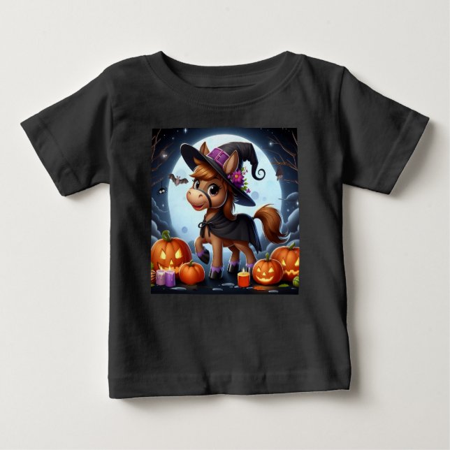 Camiseta Para Bebê Cavalo das bruxas e abóboras, bonitos (Frente)