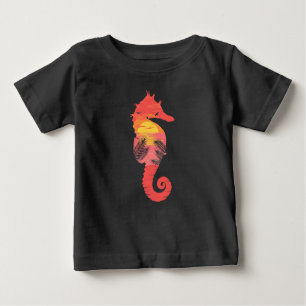 Camiseta Para Bebê Cavalo do Mar Silhute Oceano Tropical Sunset