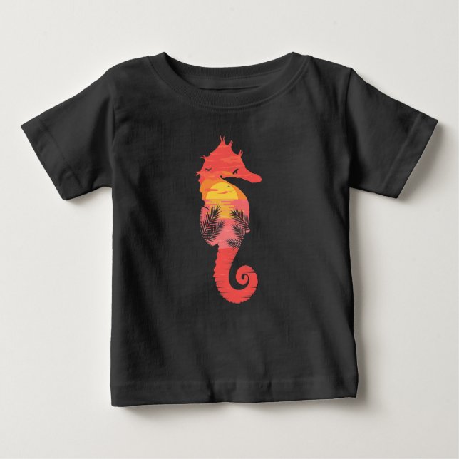 Camiseta Para Bebê Cavalo do Mar Silhute Oceano Tropical Sunset (Frente)