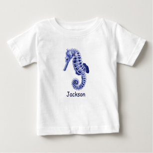 Camiseta Para Bebê Cavalo-marinho azul e branco