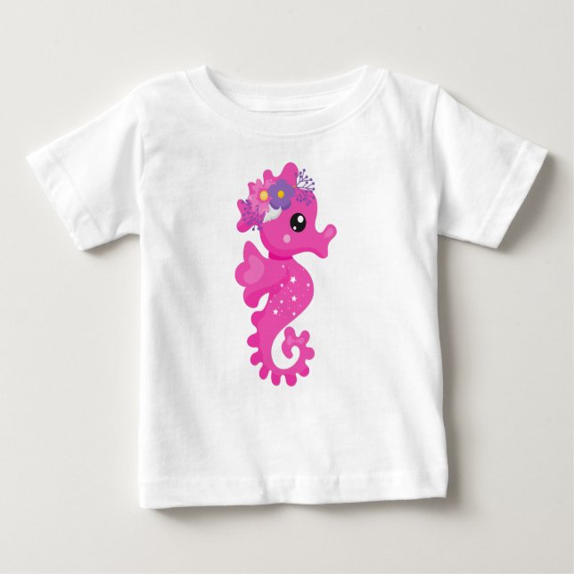 Camiseta Para Bebê Cavalo-marinho-Cinto, Cavalo-Cinto-Rosa, Flores, C (Frente)