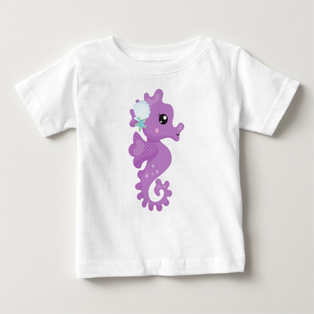 Camiseta Para Bebê Cavalo-marinho-de-raça-branca, Cavalo-marinho-roxo (Frente)