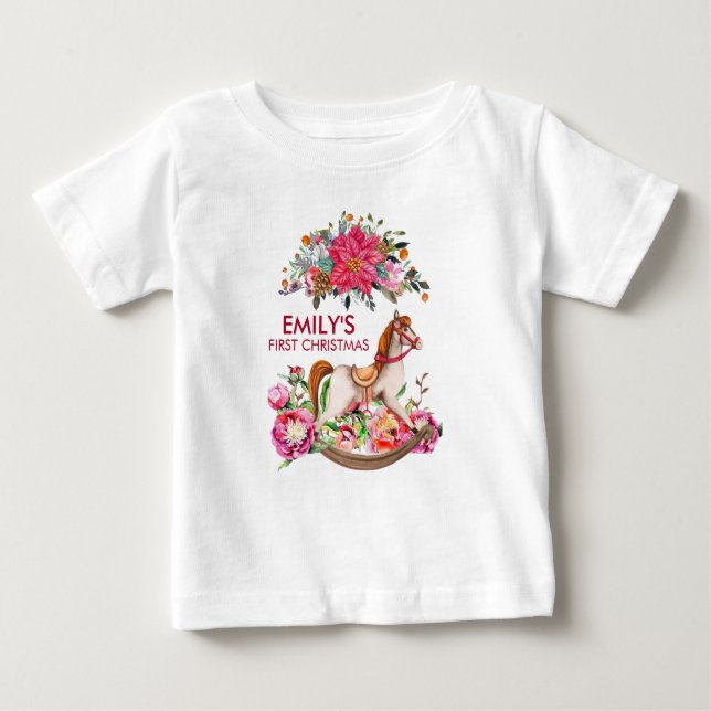 Camiseta Para Bebê Cavalo Rocking Vitoriano Primeiro Natal (Frente)