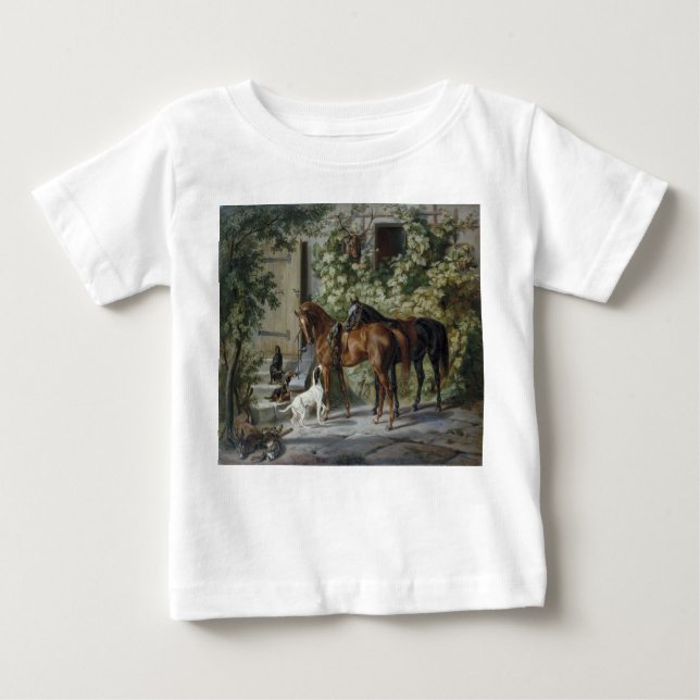 Camiseta Para Bebê Cavalos no Porch (por Albrecht Adam) (Frente)