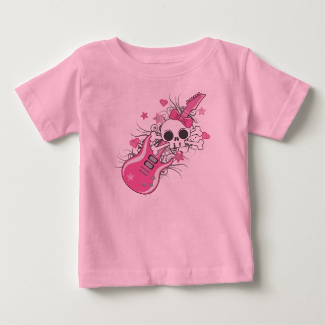 Camiseta Para Bebê Caveira Fofa com Guitarra Rosa (Frente)