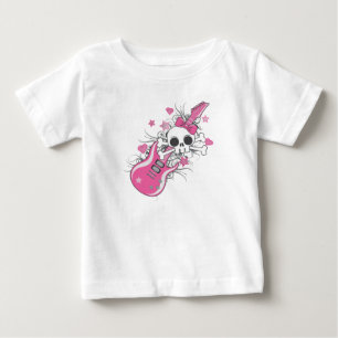 Camiseta Para Bebê Caveira Fofa com Guitarra Rosa