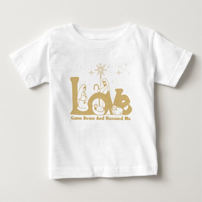 Camiseta Para Bebê Cena de Natal da Família Cristã Dourada (Frente)