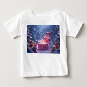 Camiseta Para Bebê Cena de Presente de Natal do Boneco de Neve Mágico