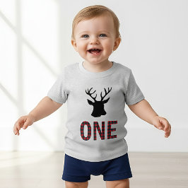 Camiseta Para Bebê Cervo Xadrez Búfalo Vermelho 1º Aniversário Lenhad