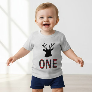 Camiseta Para Bebê Cervo Xadrez Búfalo Vermelho 1º Aniversário Lenhad